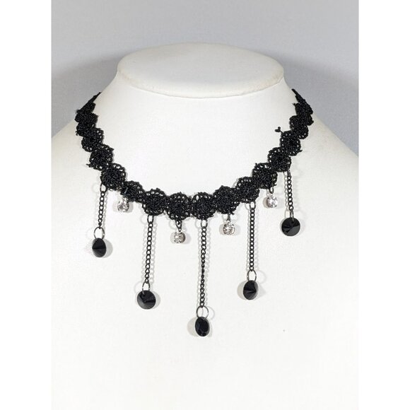 Silver Tone Black Crochet Crystal Charm Choker Necklace 16 in Gothic Retro - Picture 1 of 8